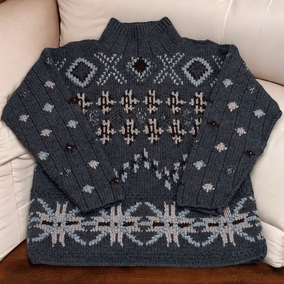 Limited Handknit Grey and Tan Aztec Geometric Print Cowlneck Wool Sweater Size S