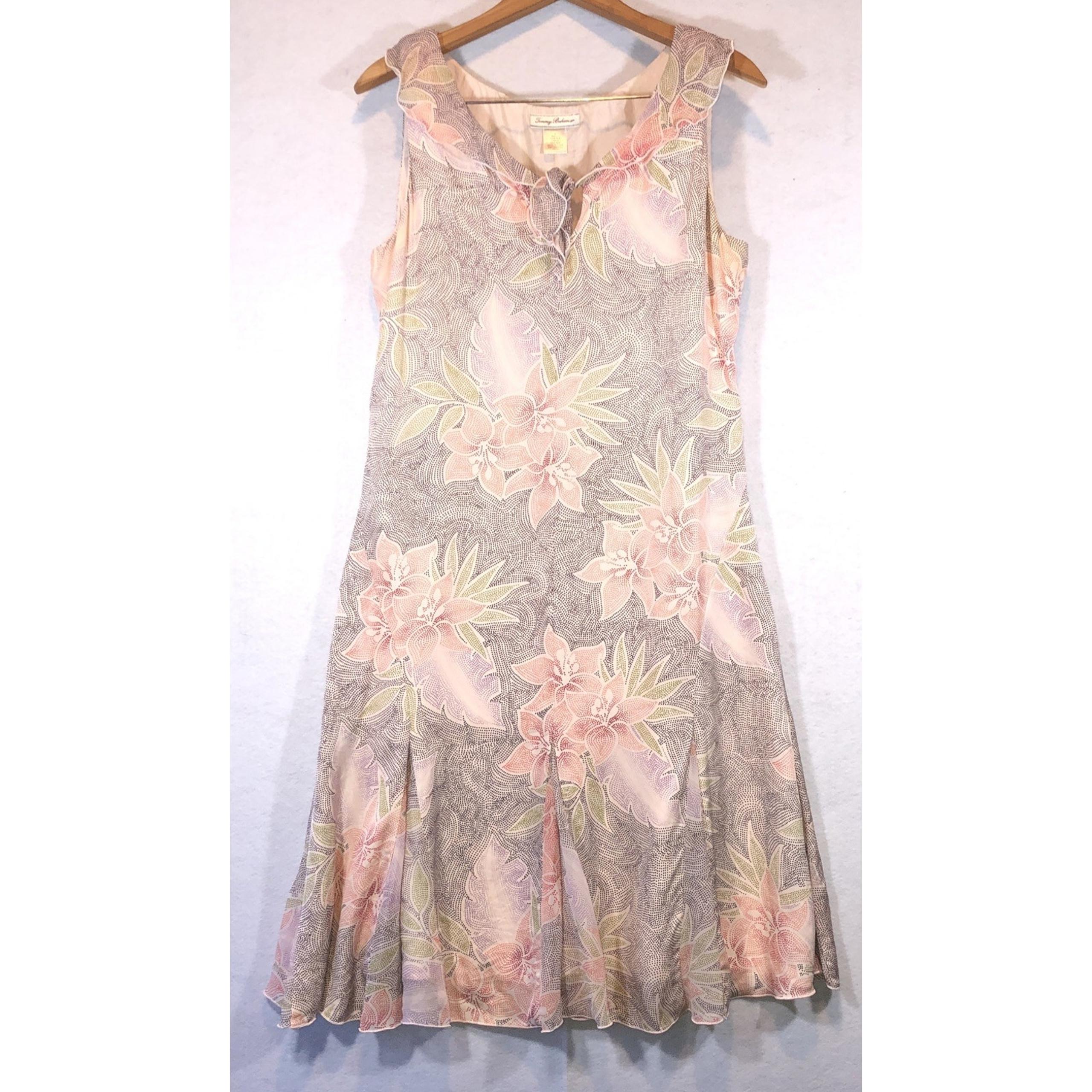 Tommy Bahama Dress Midi Hawaiian Flowers 100% Silk Peach Ruffle Collar Tie Sz 10