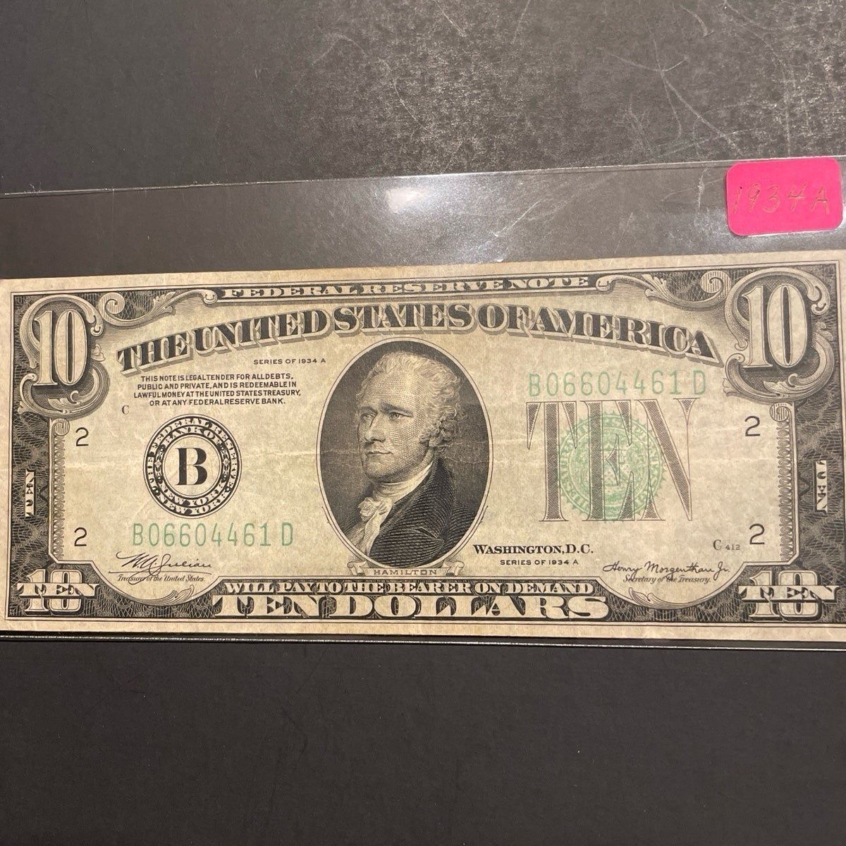 1934 A 10 Light Green Seal ,Fed Reserve Note Circ #1212