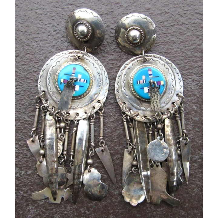 Large Vintage Southwestern Sterling Silver Inlay Concho Charm earrings