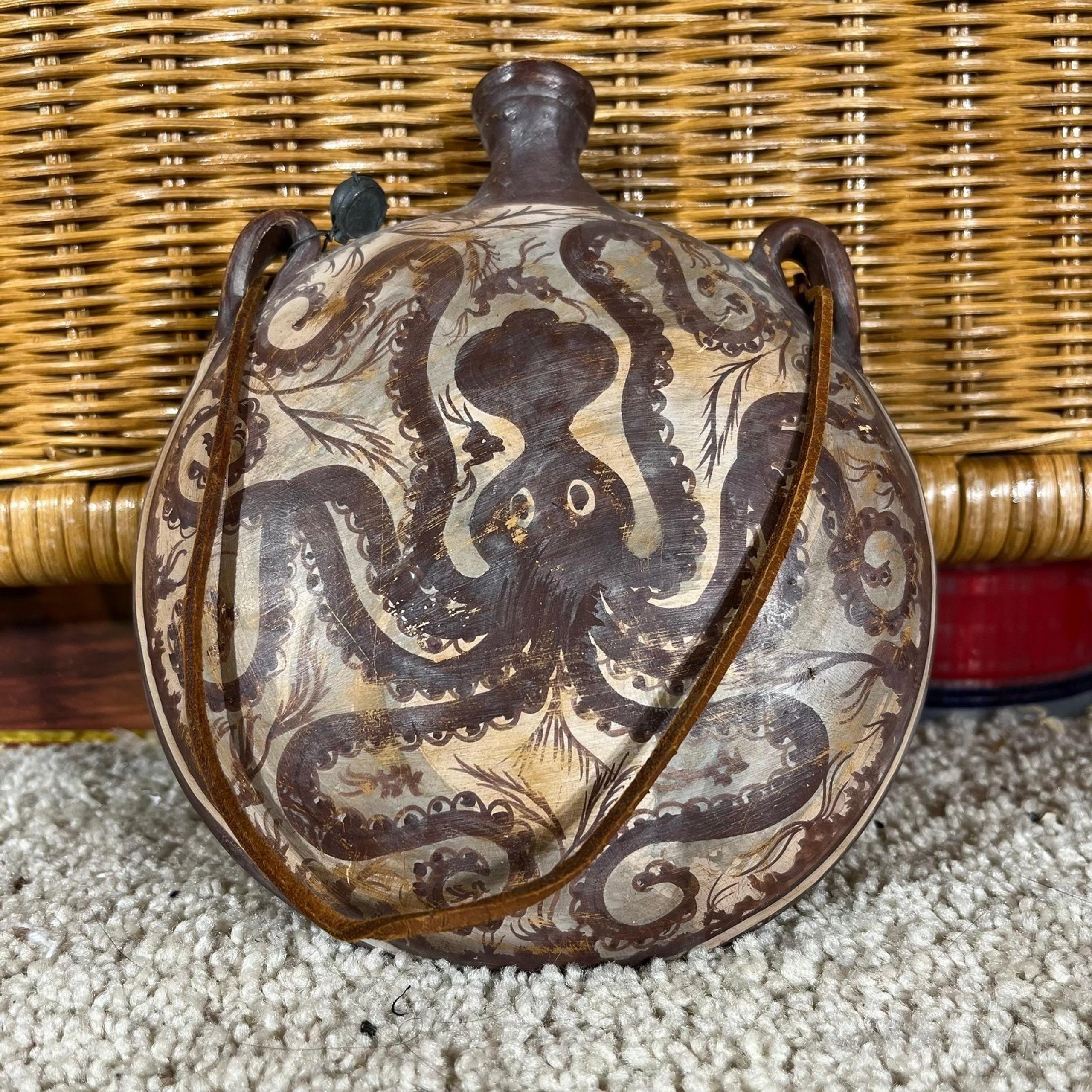 Vintage octopus costal stone water flask with painting detail ocean creatures
