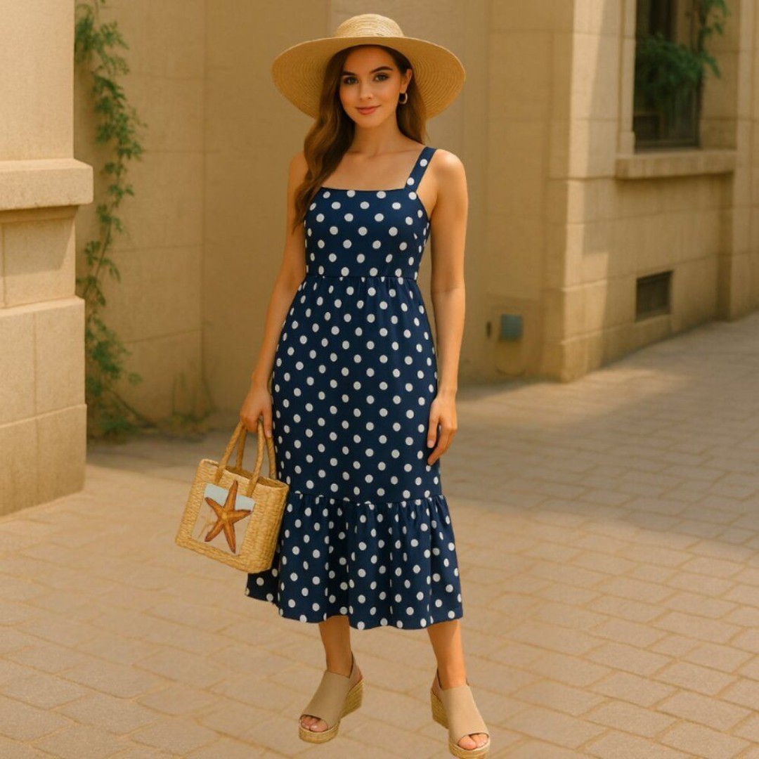 New English Factory Navy Polka Dot Maxi Dress Sleeveless Pockets Size S