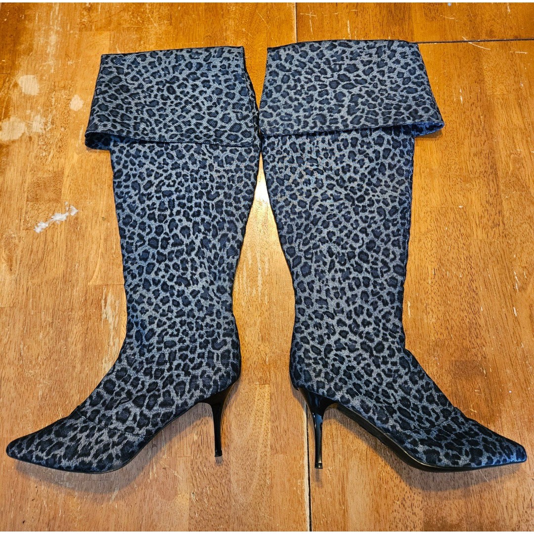 Leopard Print Grey Blue Denim Over the Knee Heeled Boots Size 9.5 Ashro