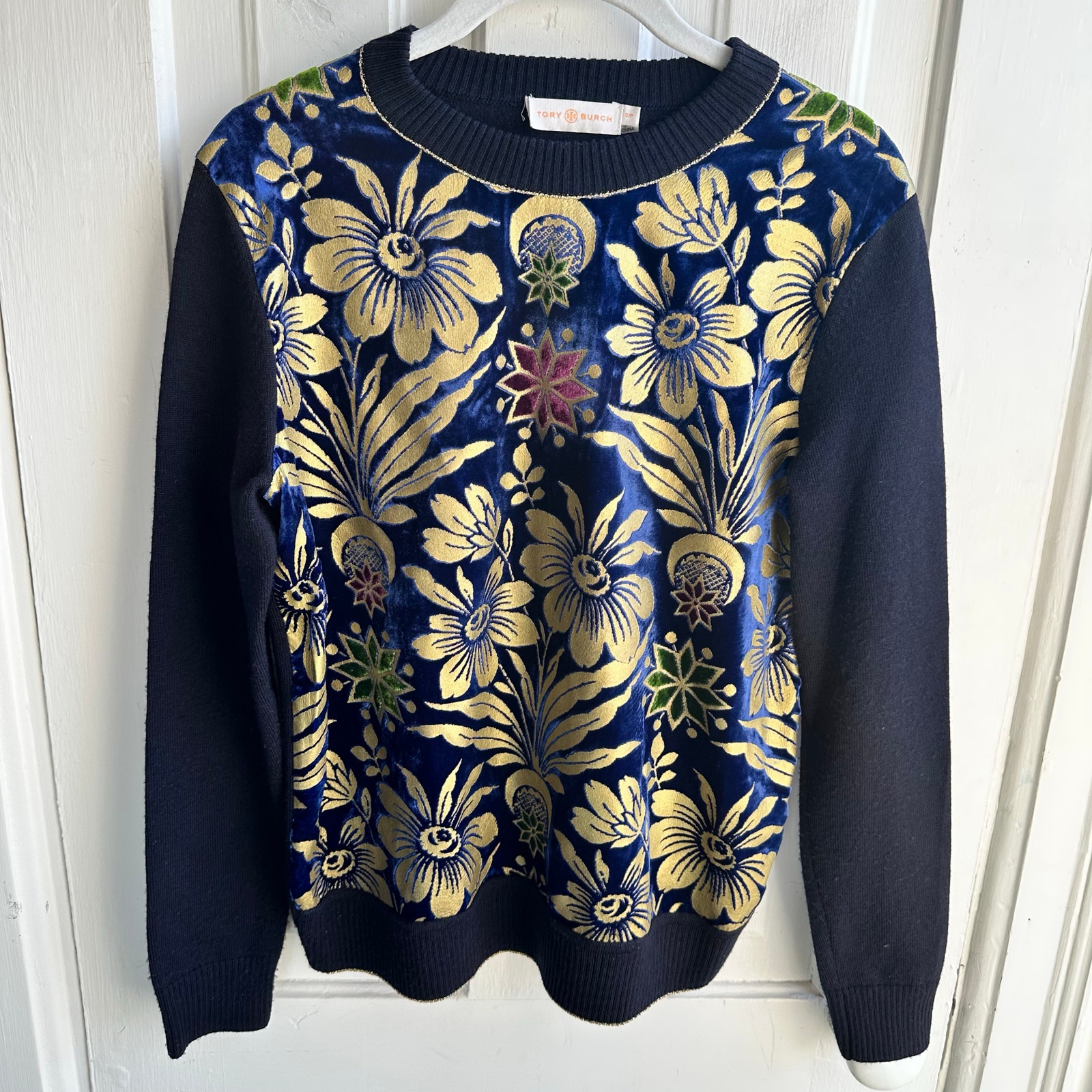 Tory Burch Hollis Cosmic Floral Velvet Foiled Gold Metallic Sweater