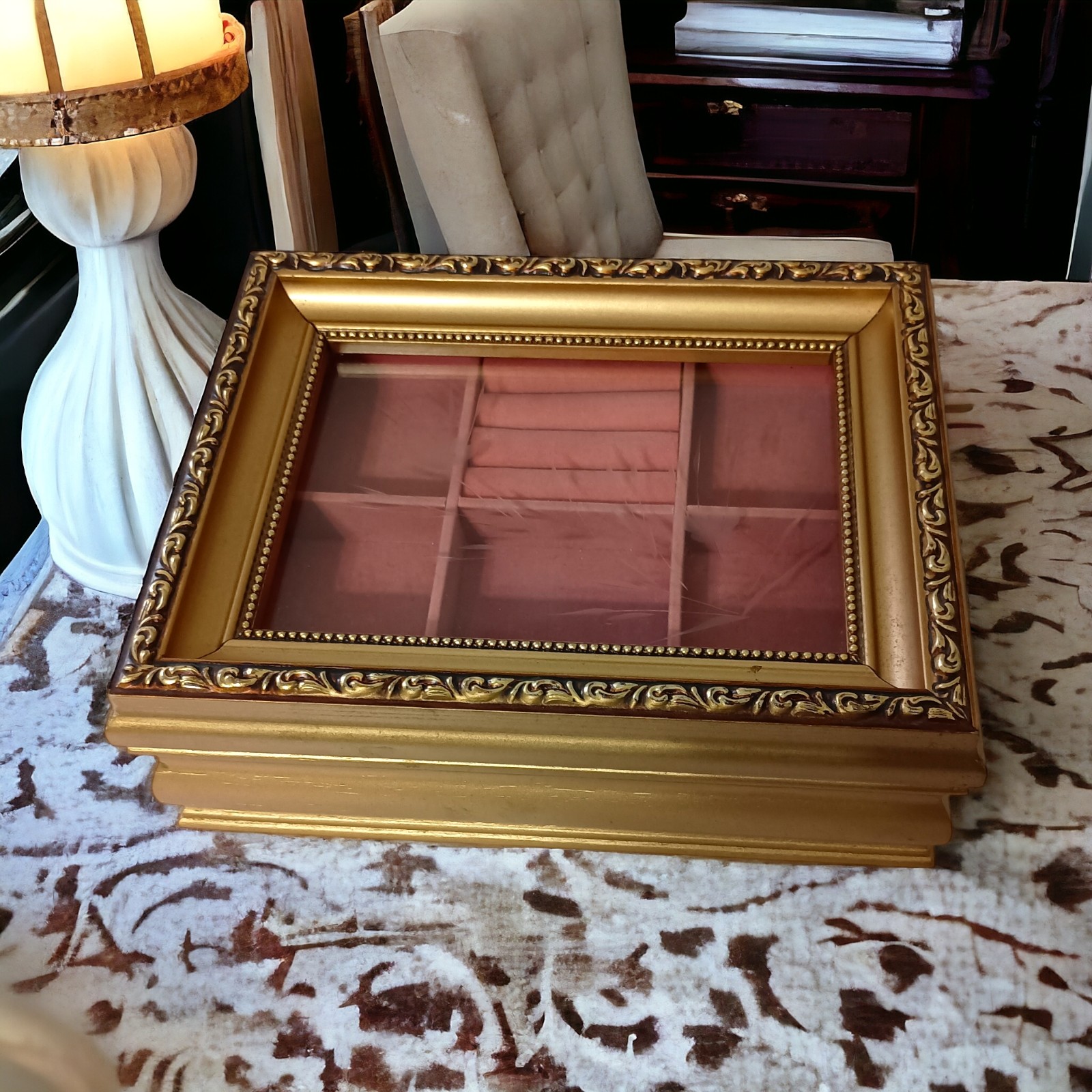 MELE Gold Wooden Jewelry Box Etched Floral Glass Velvet Lined Hollywood Regency.