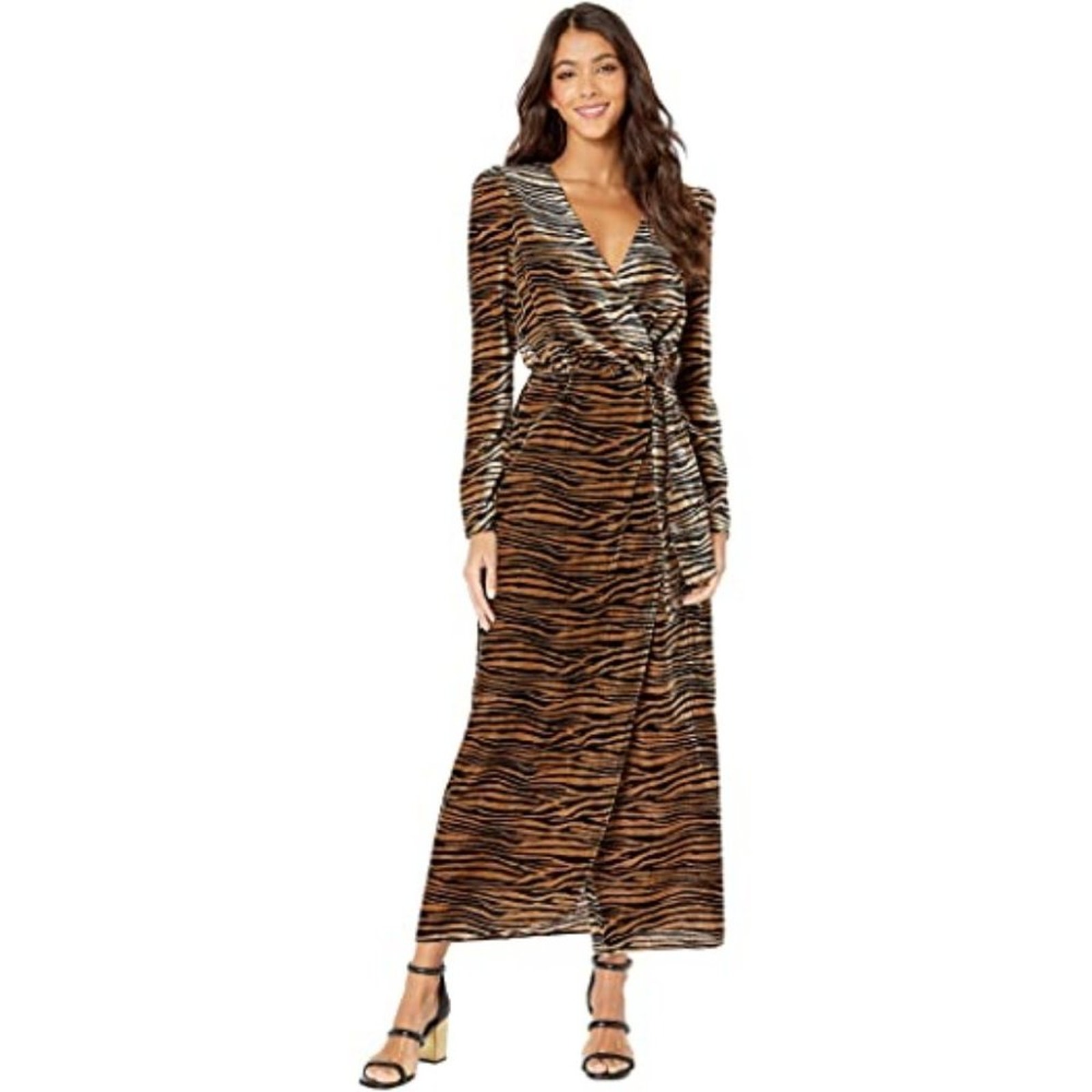 Wayf Arlene Midi Wrap Dress Long Sleeve Animal Print Black Brown Size XL NEW