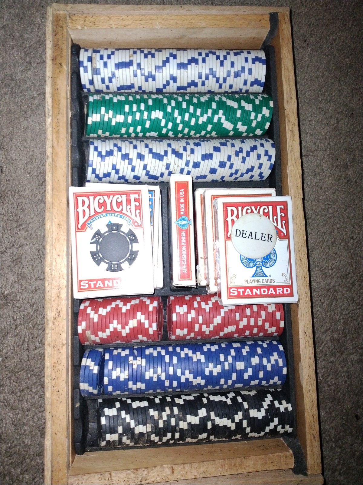 Poker chip set with card decks it has been used one time so it's like new