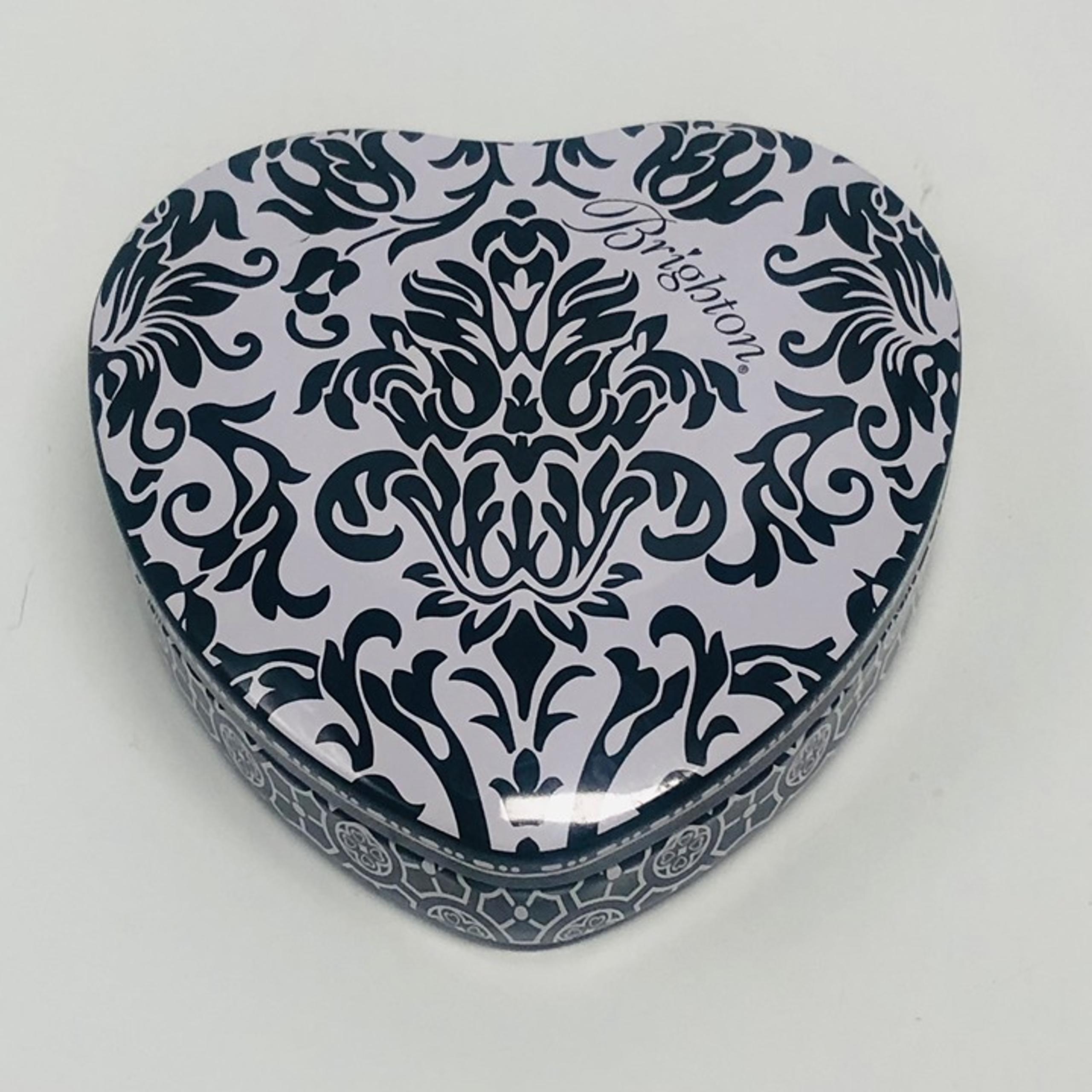 Brighton Heart Shaped Collectible Tin Box Black White Damask Design Jewelry Gift