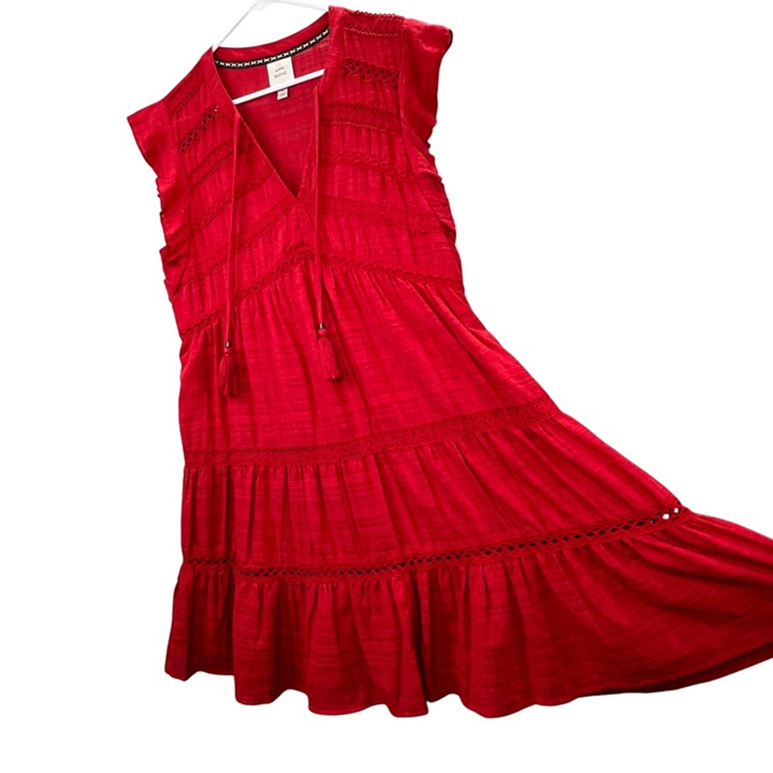 Knox Rose Dress L Red Tiered Boho Lined Tassel Ties Pullover Crochet Eyelet