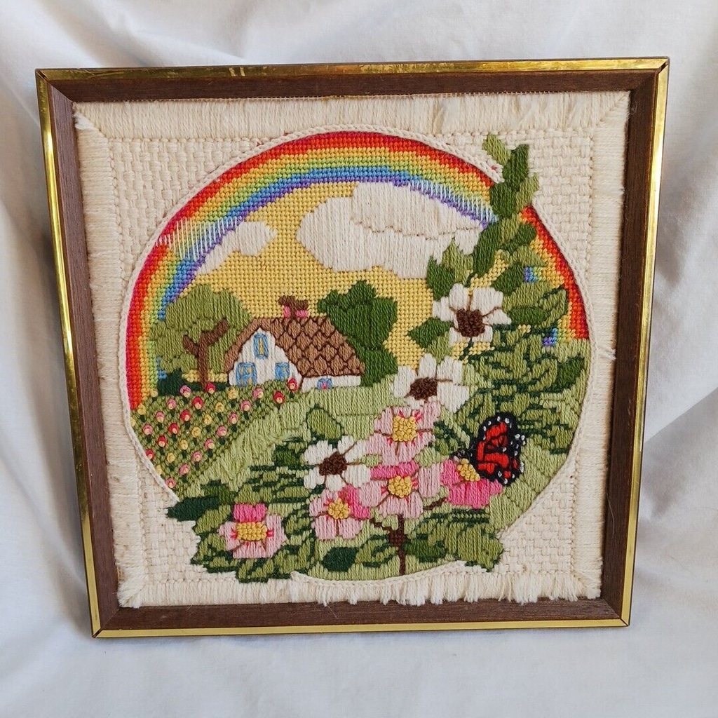Vtg Needlepoint Sunset Designs Rainbow Cottage Framed 1981 Cottagecore 13x13