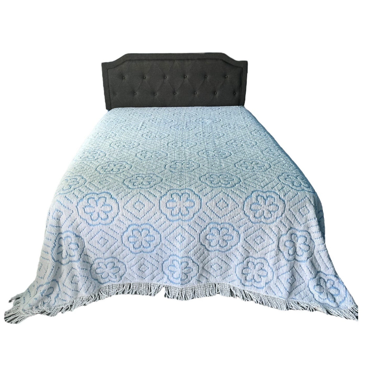 Vintage Chenille Blue & white bedspread with fringe Queen / Full