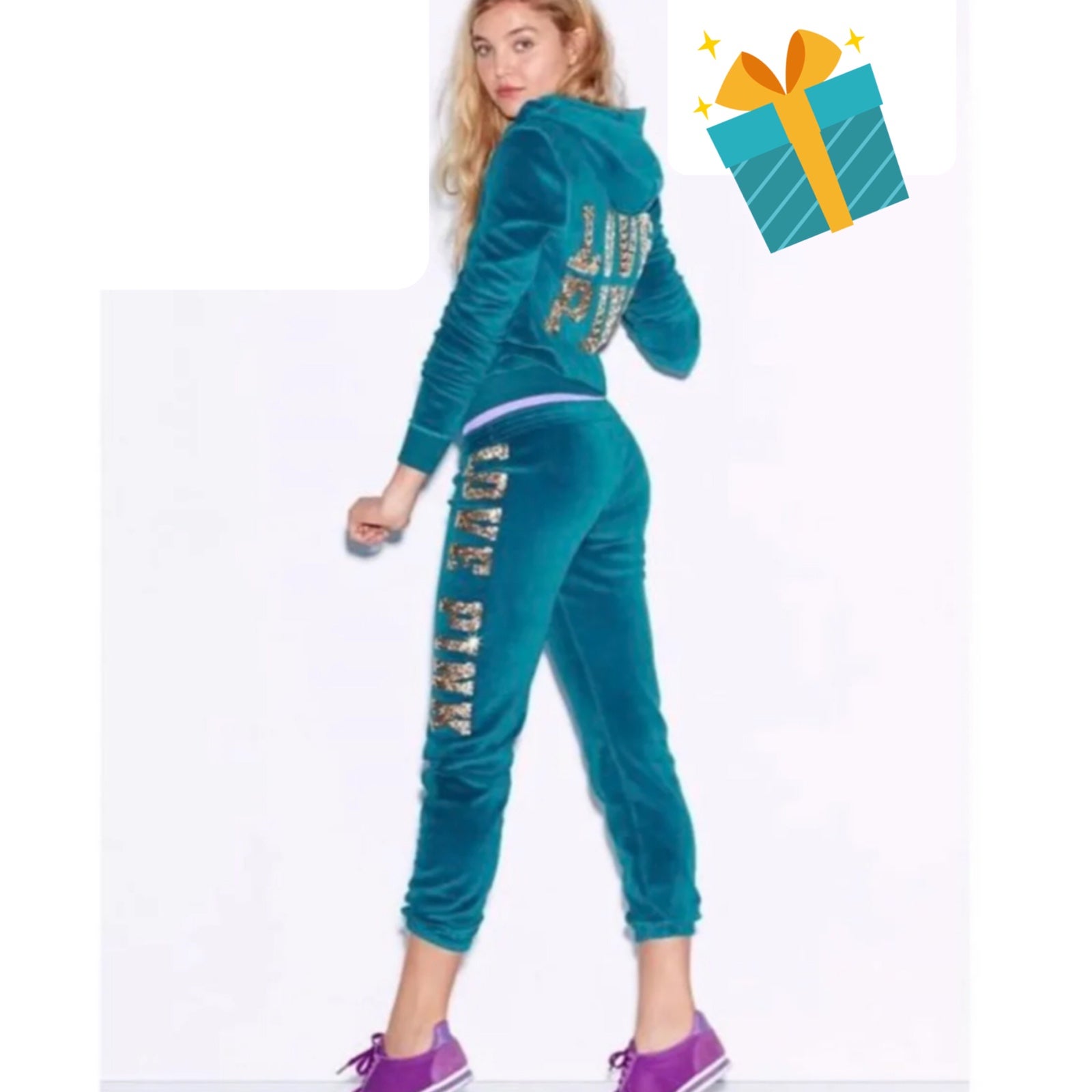 VS PINK holiday green gold bling vintage velour hoodie XS