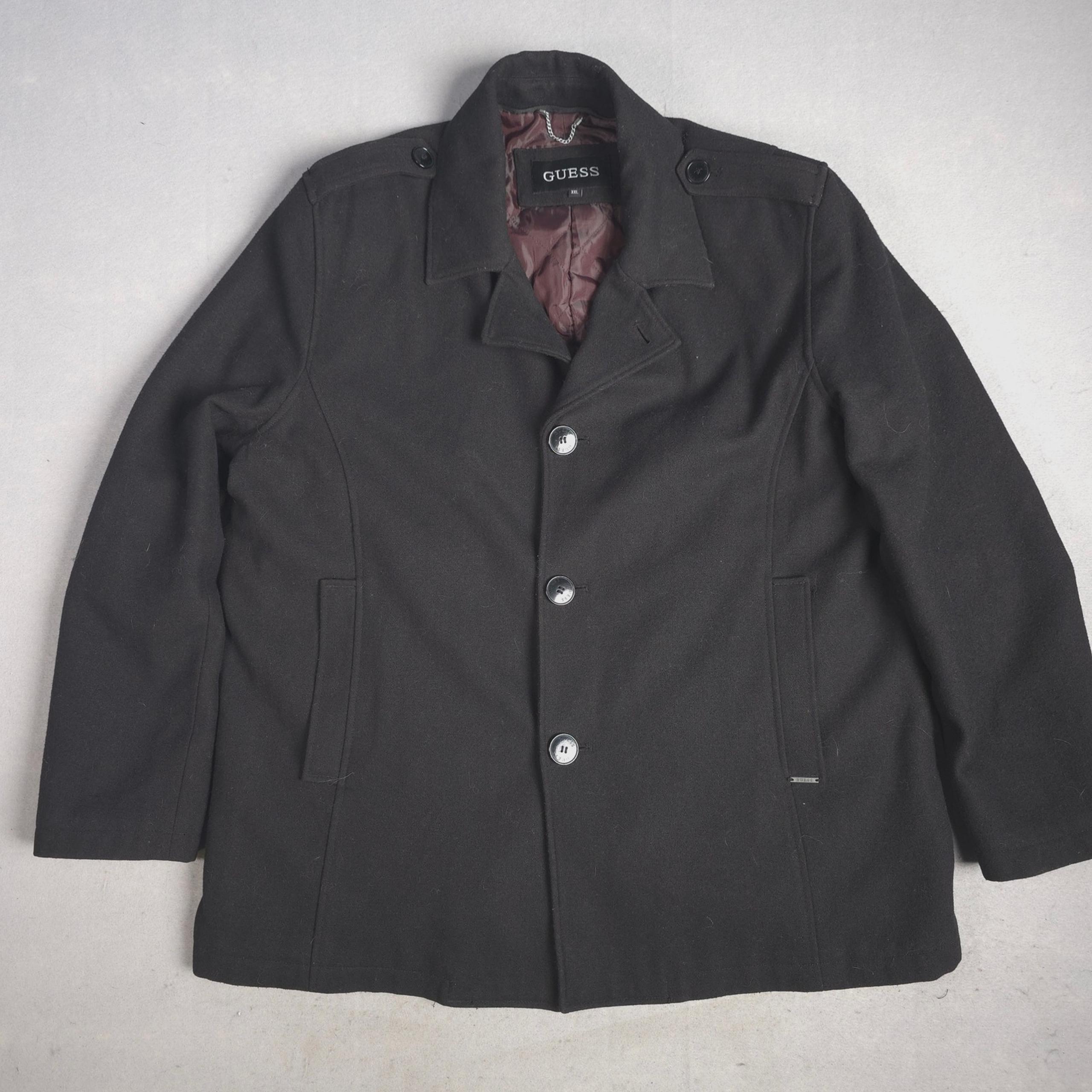 Guess Wool Blend Pea Coat Jacket Button Front Overcoat Black XXL