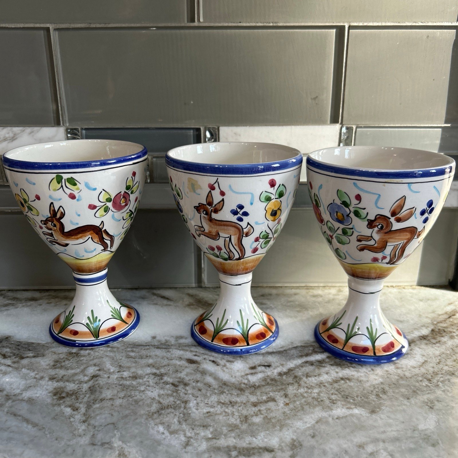 HAND PAINTED SIGNED PORTUGAL GOBLETS SET OF 3 ANIMAL PRINT