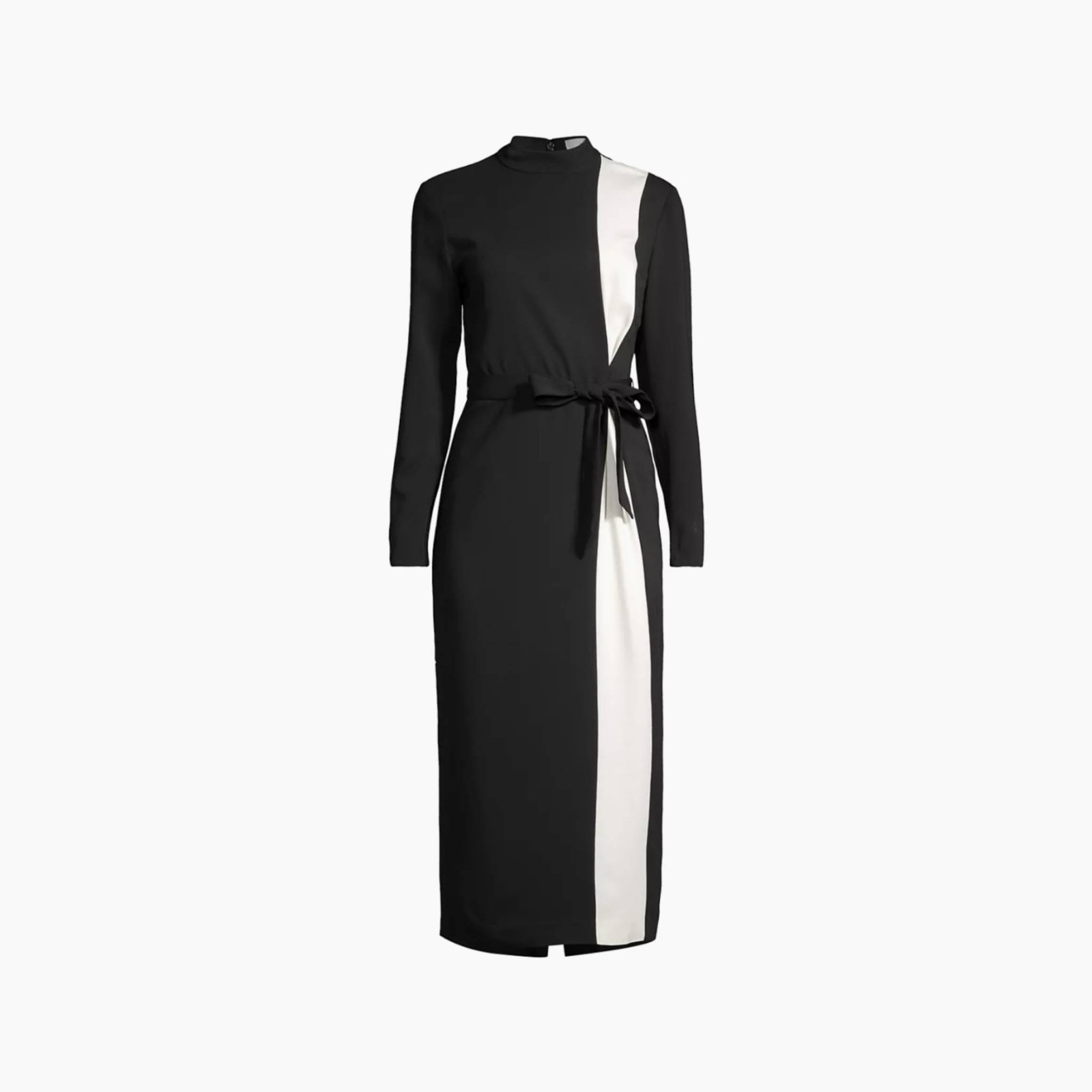 Reiss Millie Two-Tone Colorblock Long Sleeve Bleted Tie Midi Dress in Black