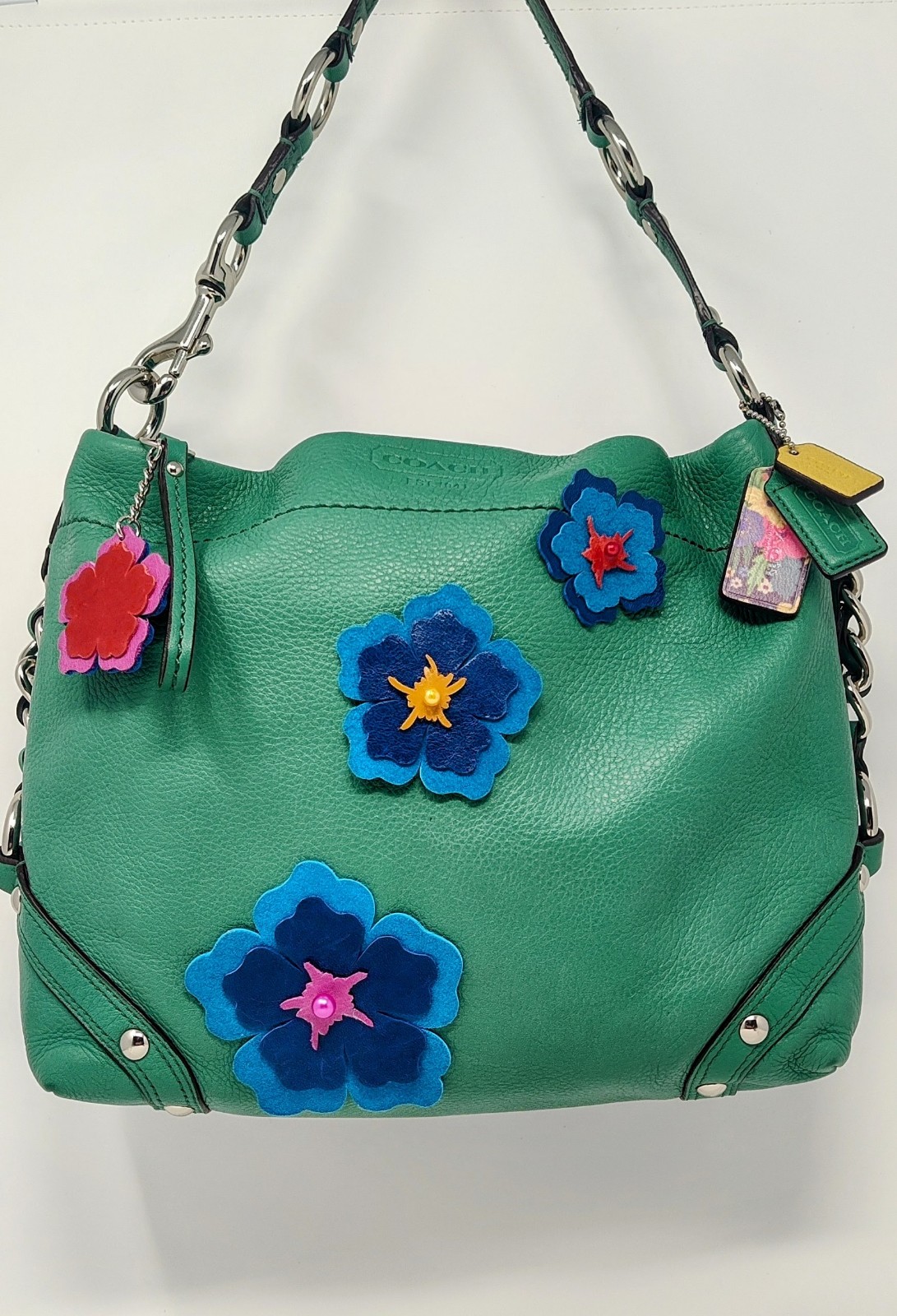 Coach Carly Hobo Green Pebble Leather Bag, Upcrafted w Blue Tropical Flowers