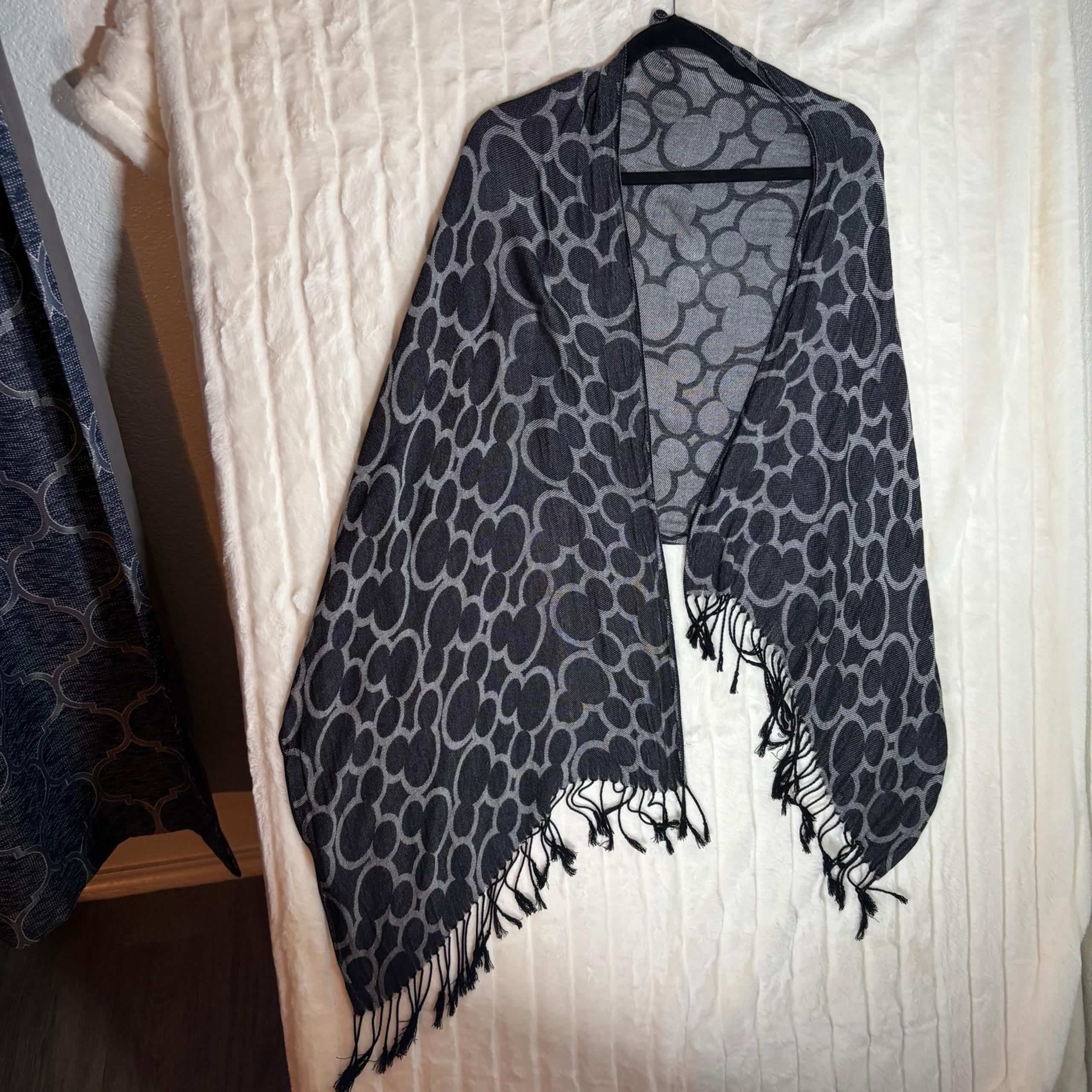Disney Parks Scarf Iconic Mickey Mouse Black Grey Fringe