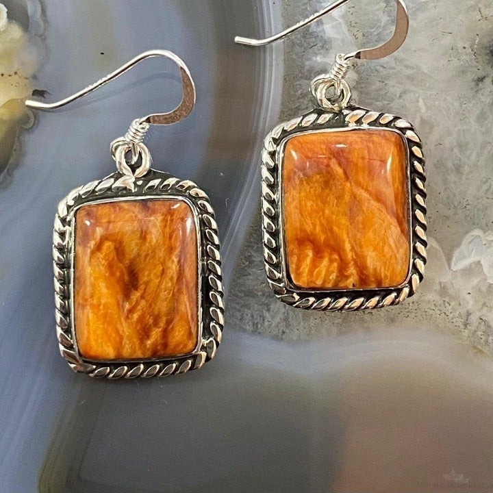 Native American Sterling Square Orange Spiny Oyster Dangle Earrings For Women