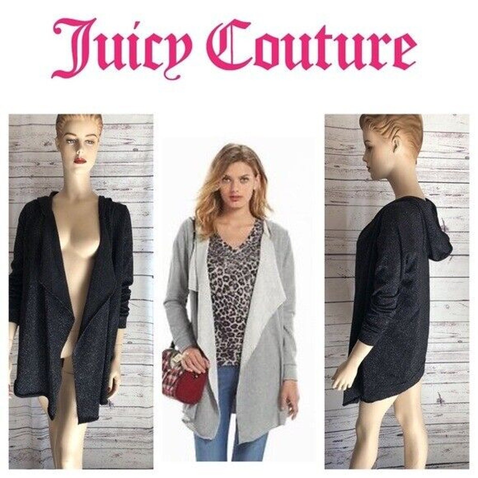 Juicy Couture black silver fleck terry hoodie flutter jacket Women’s Size M