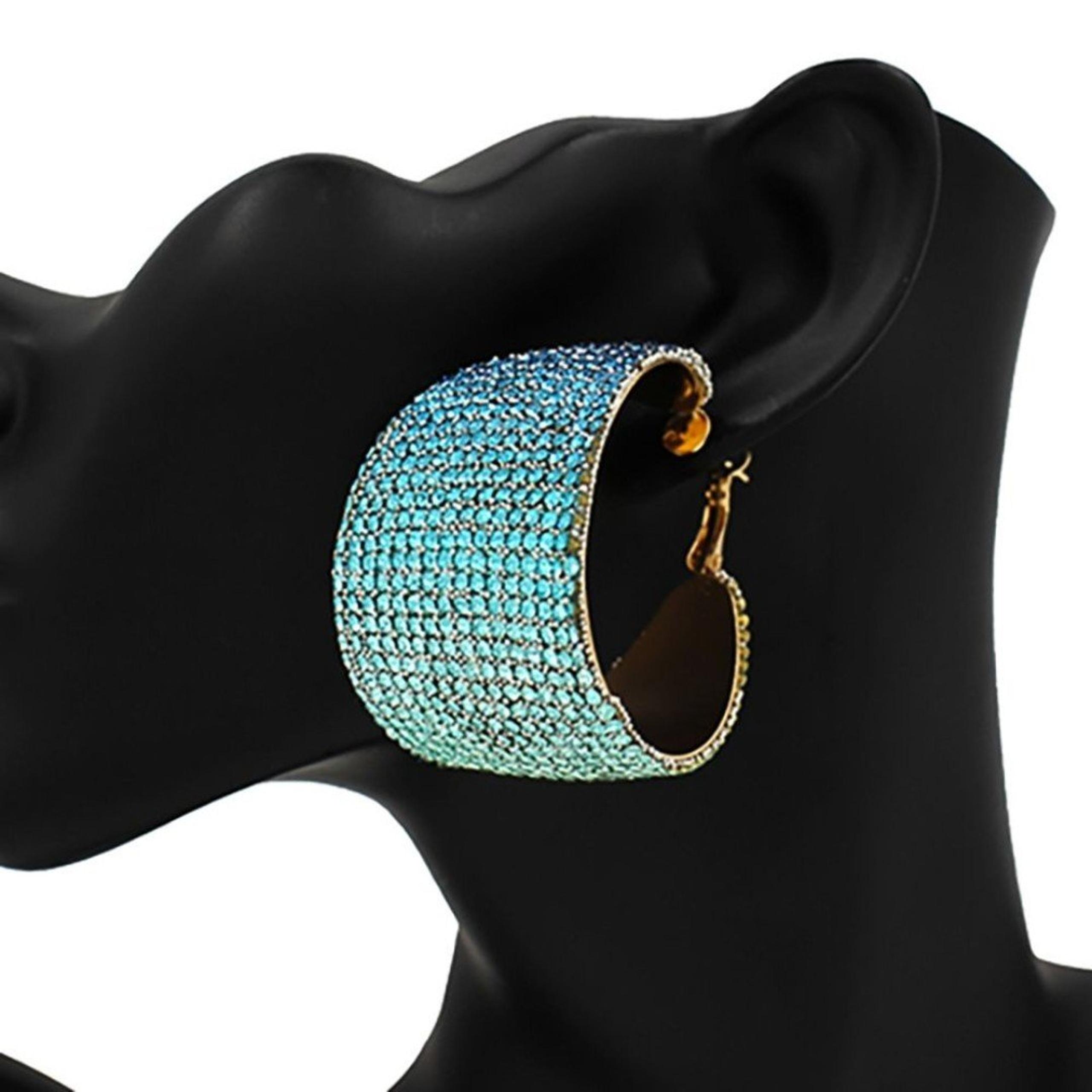 Blue Crystal Hoop Earrings Wide Bold 1.75" Trend Fashion Statement Accessory