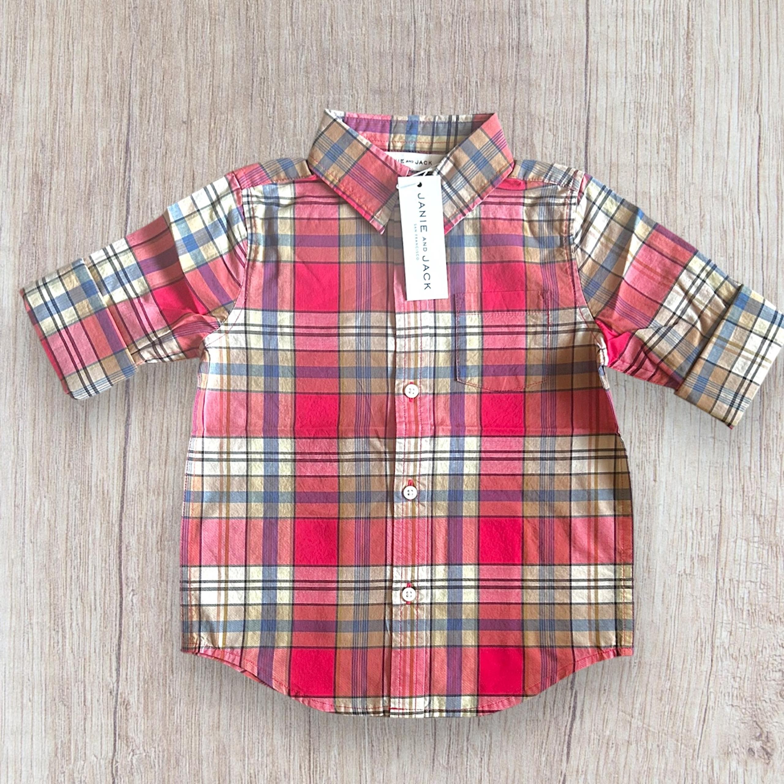 NWT Button Up Shirt Plaid Red Boys Size 3 - Janie and Jack