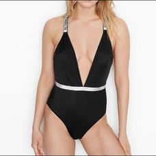 VICTORIA SECRET Swim Shine Strap Plunge One-Piece Swimsuit Large Bling 99
