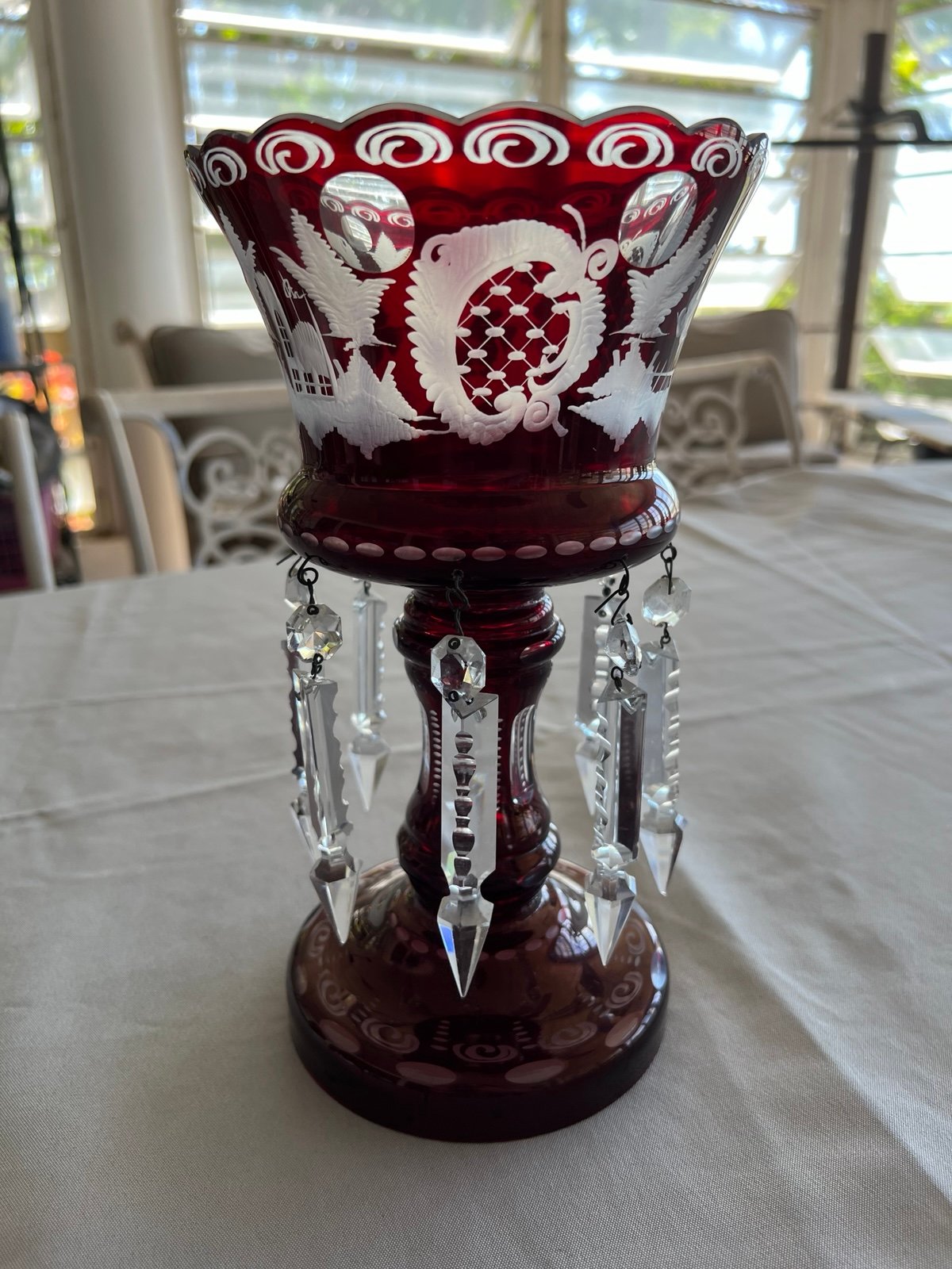 Bohemian Cranberry Red Clear Czech Glass Mantle Luster Bird Deer Vintage rare
