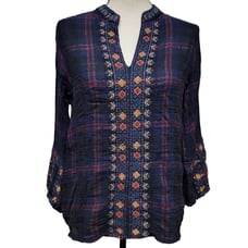 Johnny Was Vika Paris Effortless Blouse Womens Sz S Blue Plaid Embroidered Top