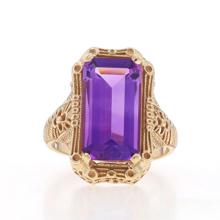 Yellow Gold Lab-Created Amethyst Cocktail Solitaire Ring -10k Emerald Cut LX0544