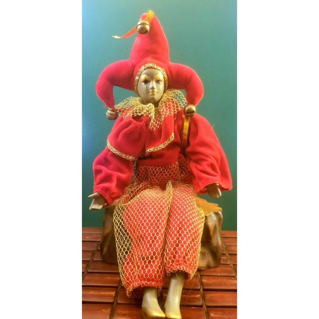 Vintage Jester Clown Doll 18 Red & Gold w/ Bells