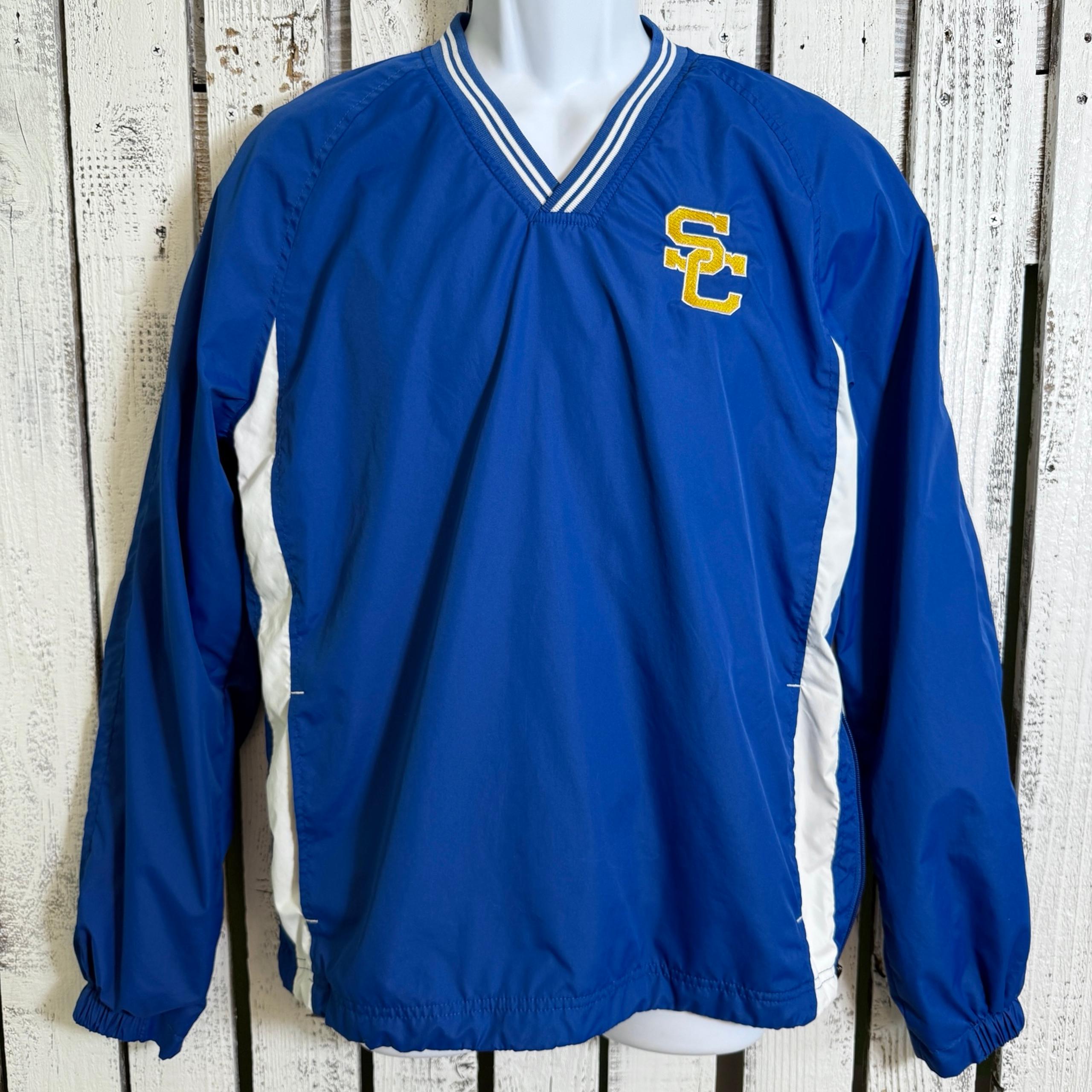 SPORT TEK SC Pullover Windbreaker V-neck Size Small Blue White Cinch Waist Lined - Sport-Tek
