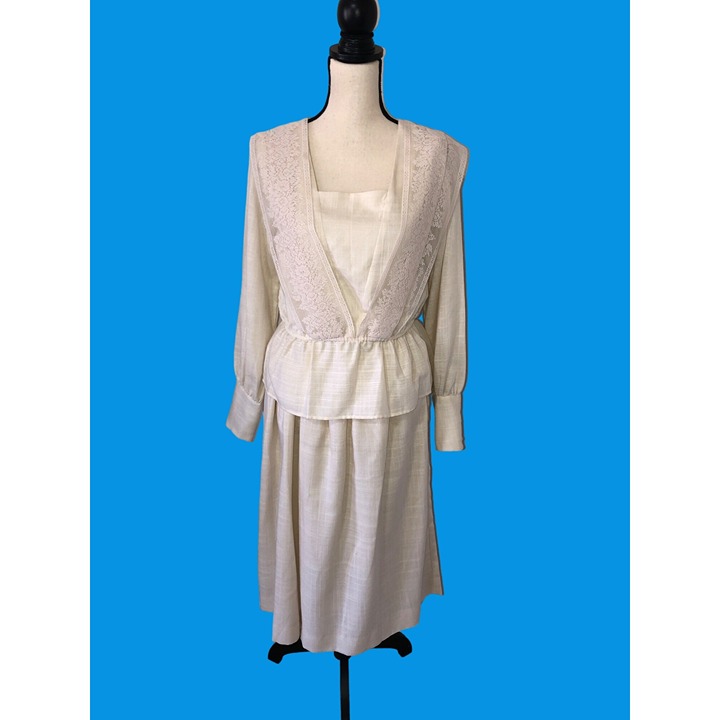 Vintage Set Top Skirt Size S Cream Lace Long Sleeve 80 s Cottagecore Modest USA