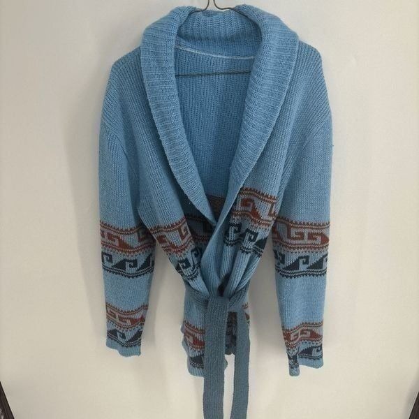 unbranded vtg western open front uisex blue tie waist cardigan sweater medium
