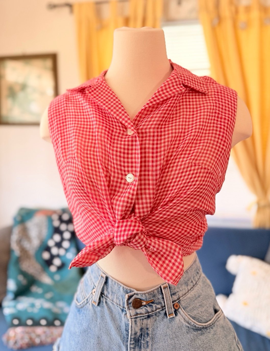 Vintage 60s Handmade Red Gingham Sleeveless Button Up Blouse