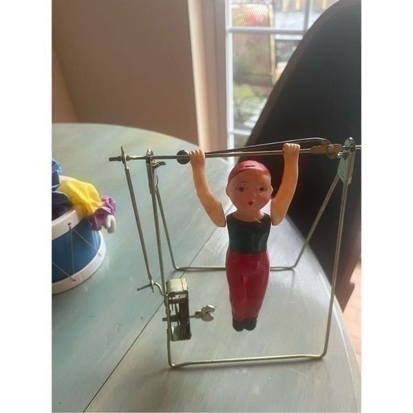 1970's vintage Wind-up Celluloid Acrobat Single Bar Gymnast Toy with box rare MC