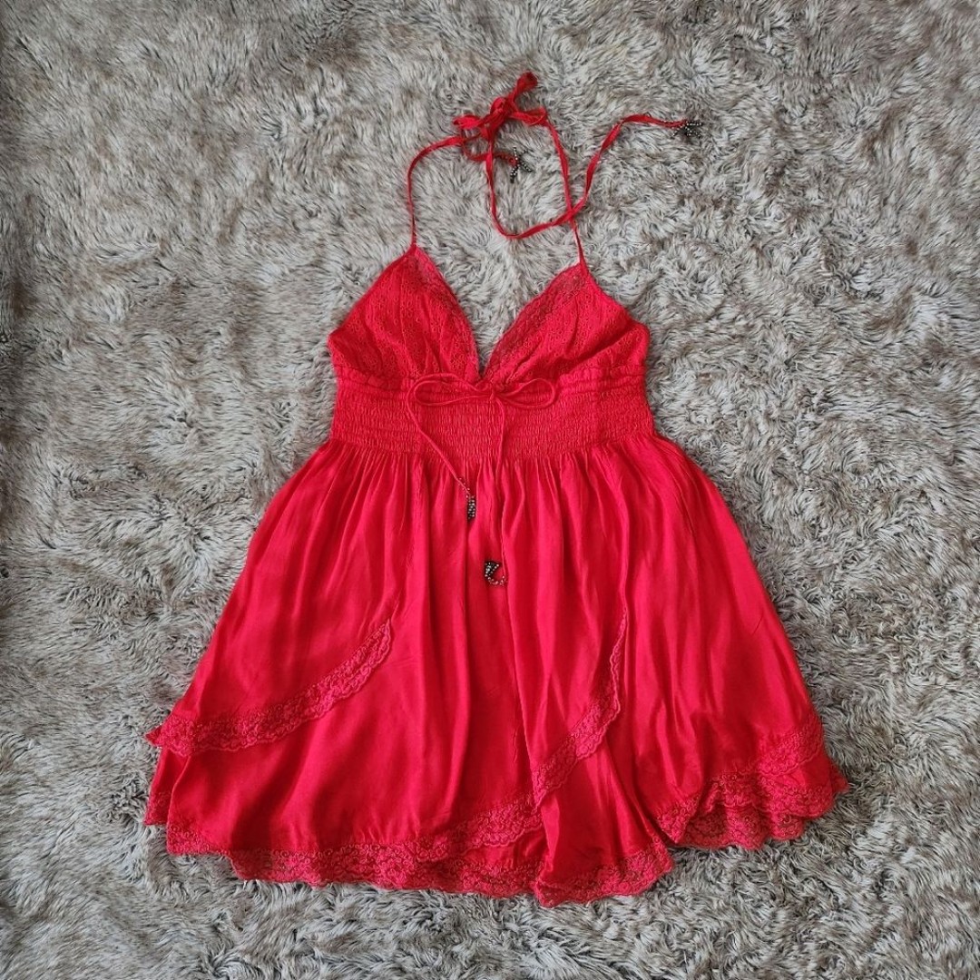 Free People High Risk Red Halter Top Mini Dress Lace Trim Women's Size Small