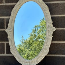 Vintage OVAL white ivory Wood l Frame Mirror FLORAL Ornate