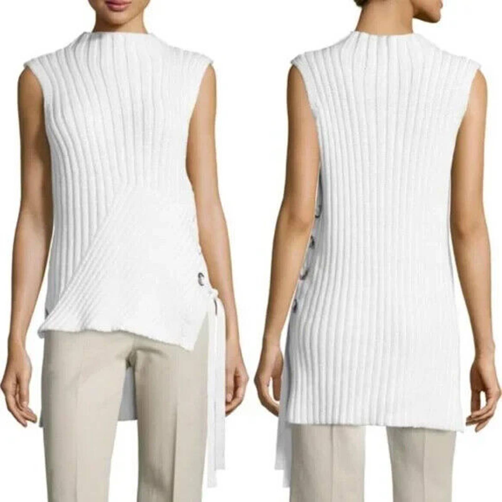 Derek Lam 10 Crosby Ribbed Knit Sweater Sleeveless Soft White High Low Cotton S