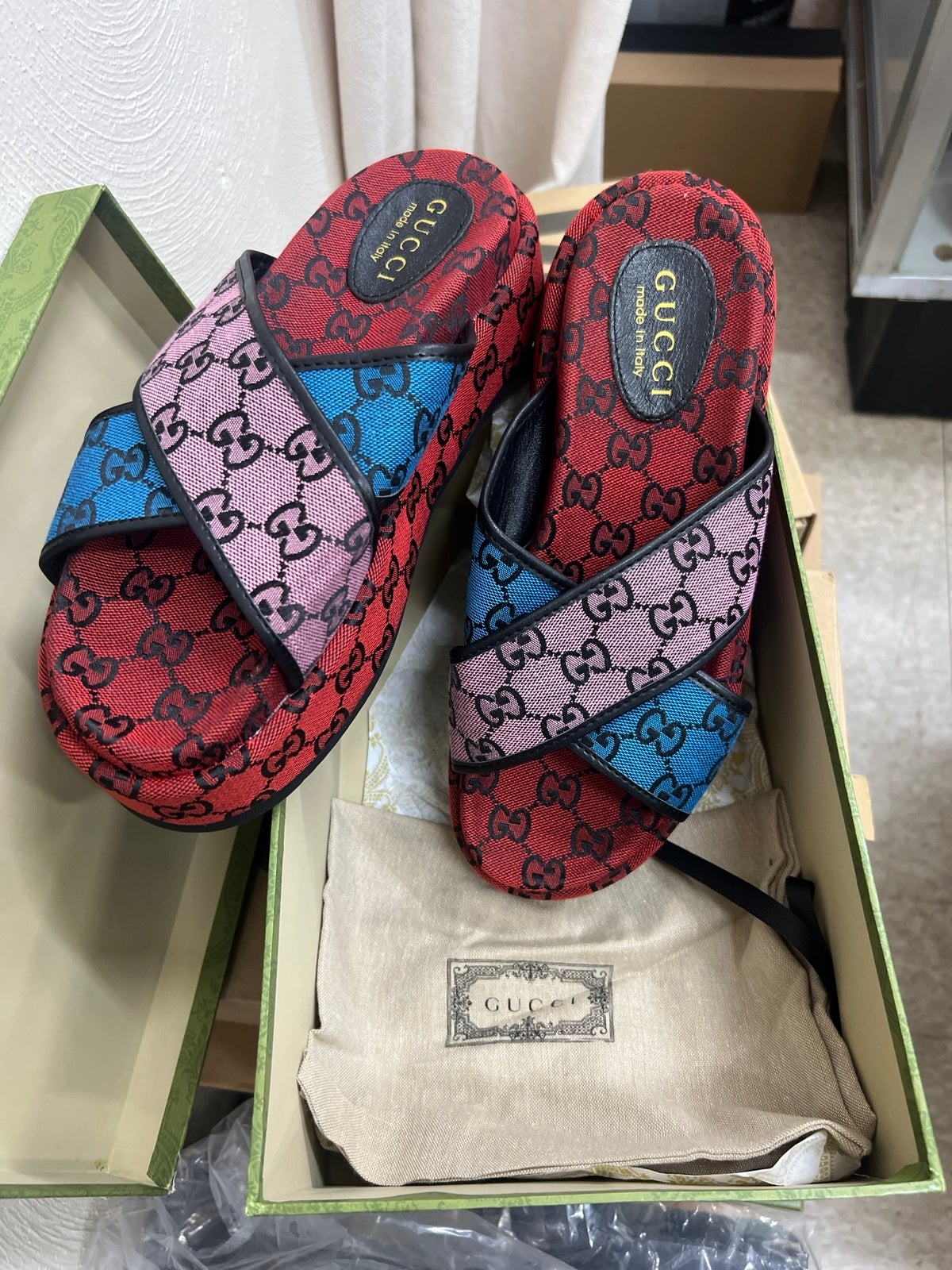 GUCCI GG Monogram Multicolor Criss Cross Platform Slide Sandals EU42