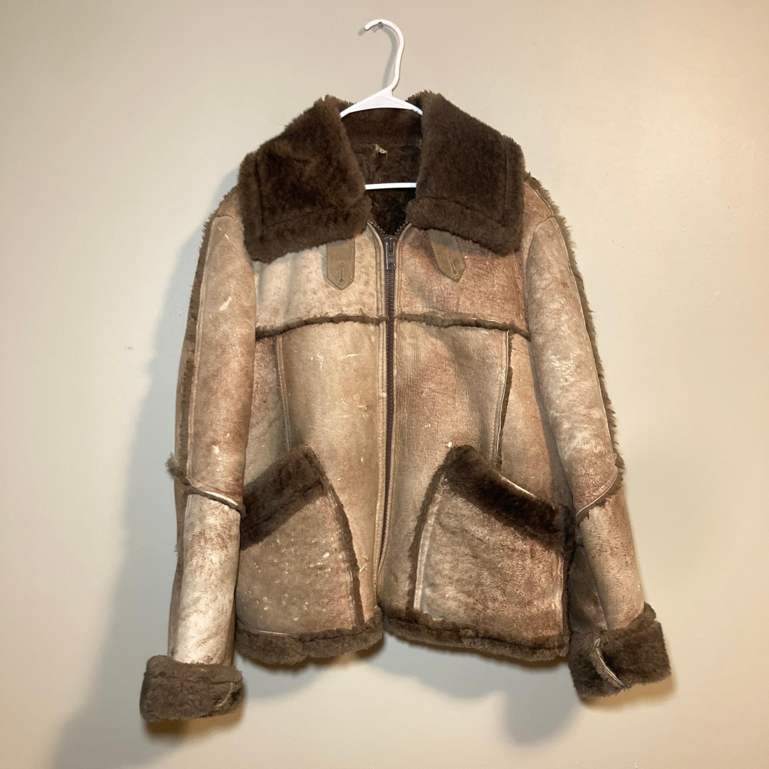 Vintage Sears 80s Mouton Fur Leather Bomber Jacket Brown Mens 42 L