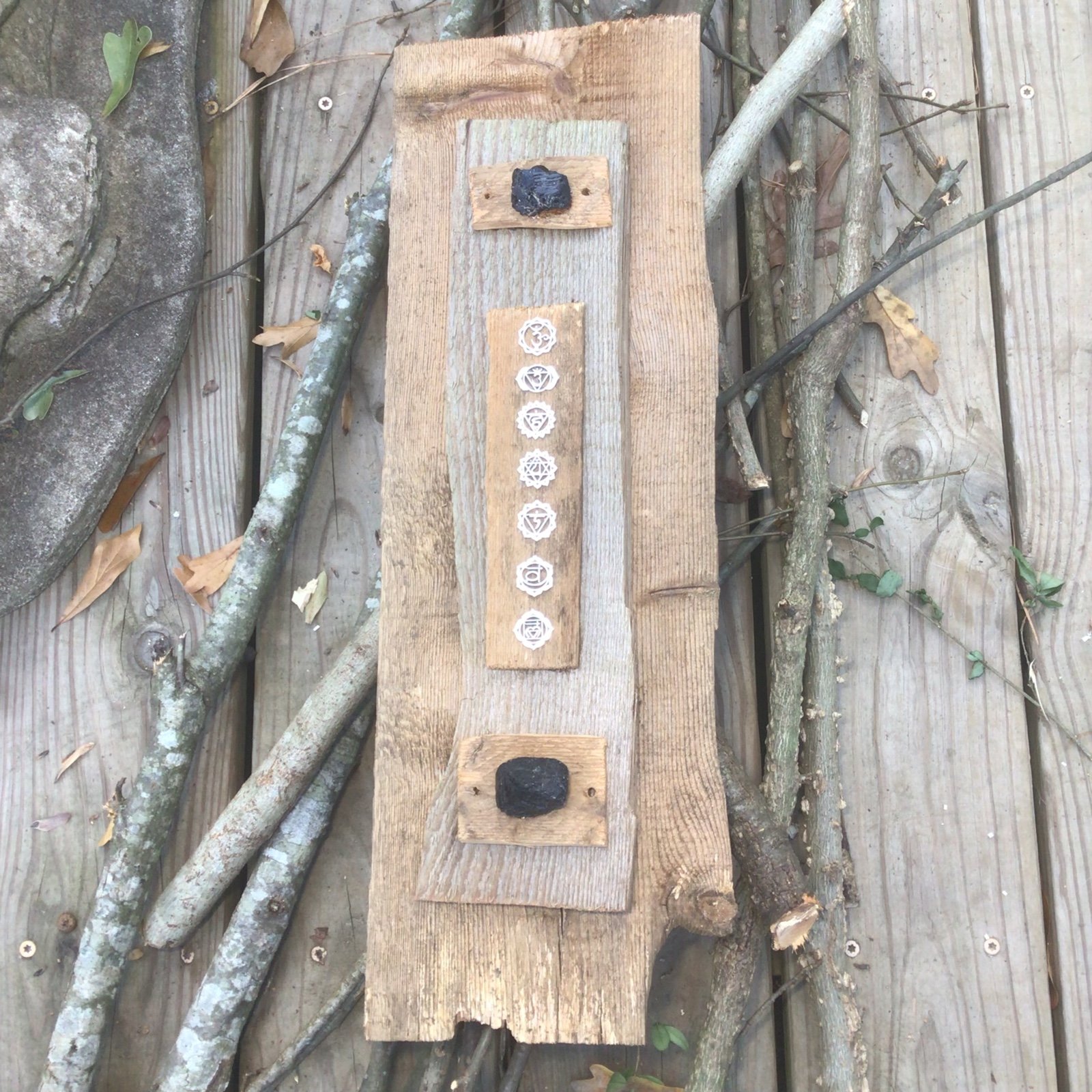 CHAKRA SYMBOLS rustic primitive wooden plaque wall art hanging Black tourmaline