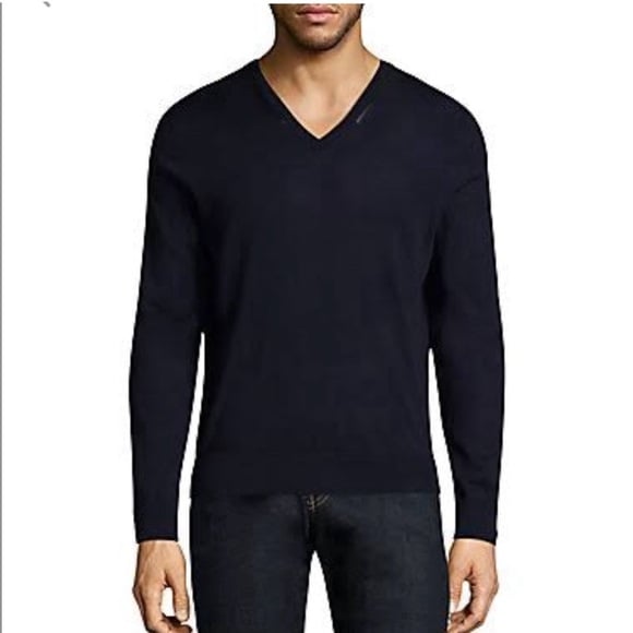 The Kooples Leather Trim V-Neck Merino Wool Sweater in Black XL