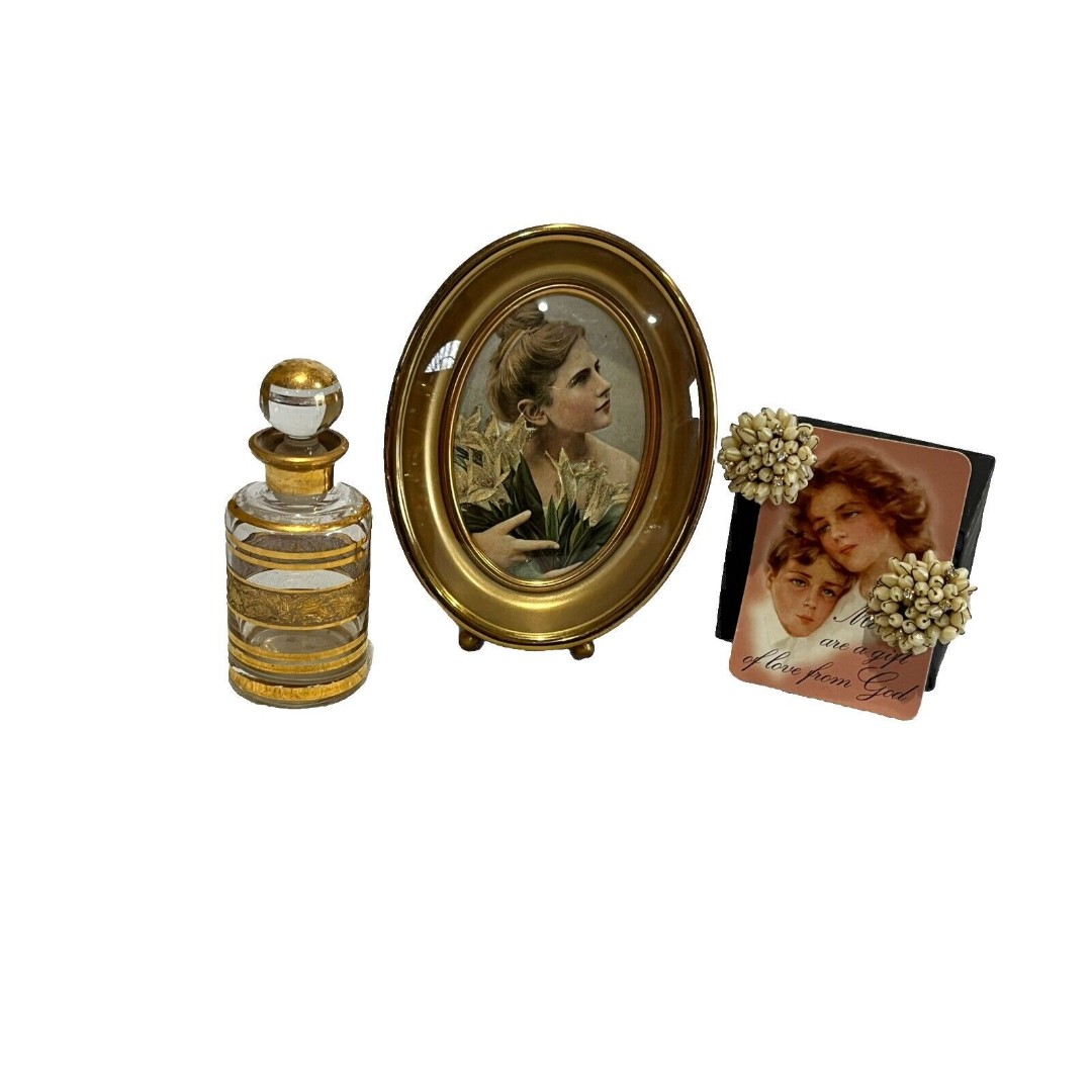 Vintage Vanity Set-Bubble Glass Oval Framed Picture,Perfume Bottle,Clip Earrings