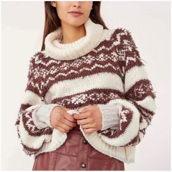 Free People Check Me Out cropped turtleneck sweater Winter Fog Combo Small NWT
