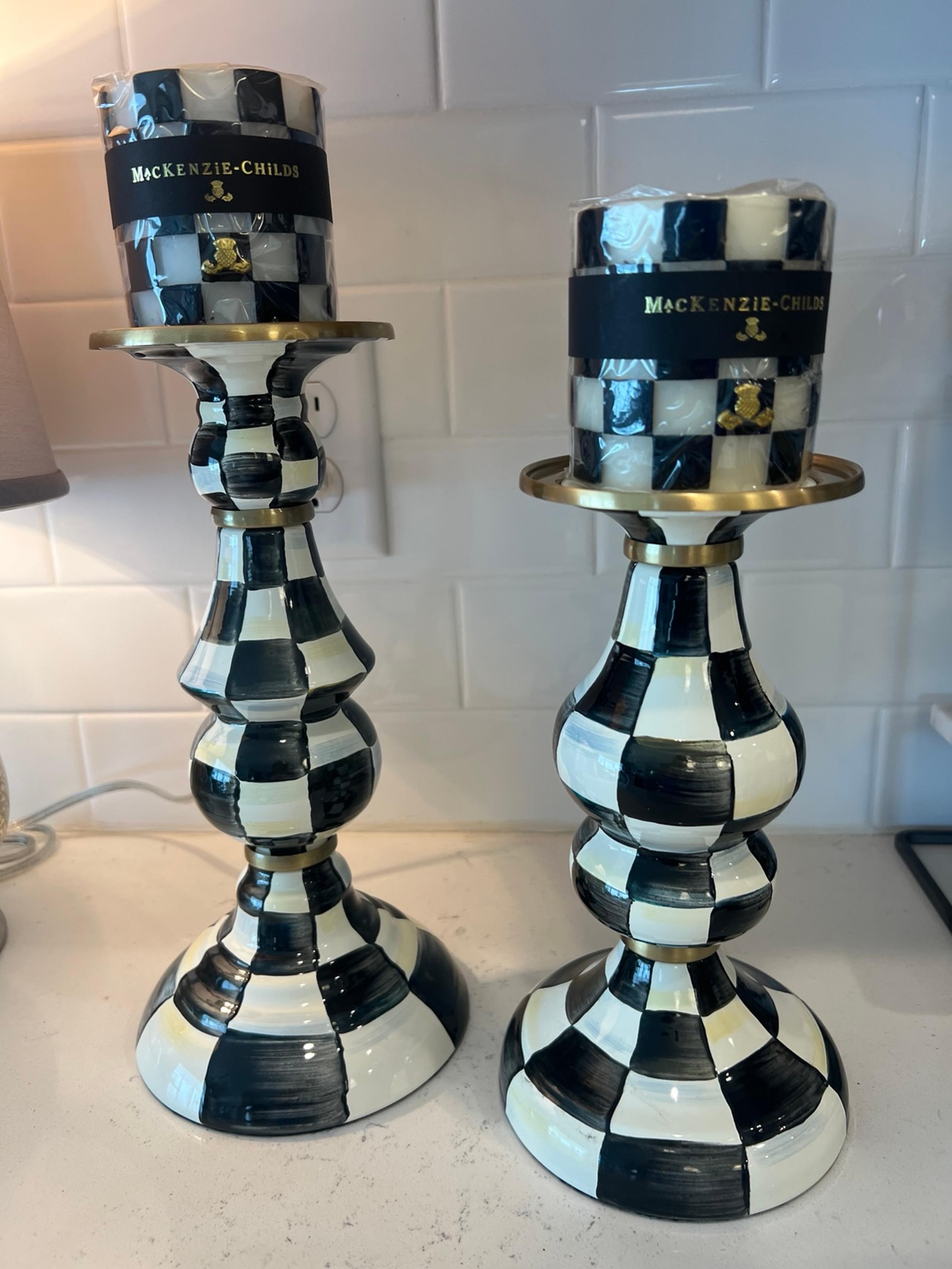 MacKenzie-Childs Courtly Check Large and Medium Pillar Candlestick With Candles