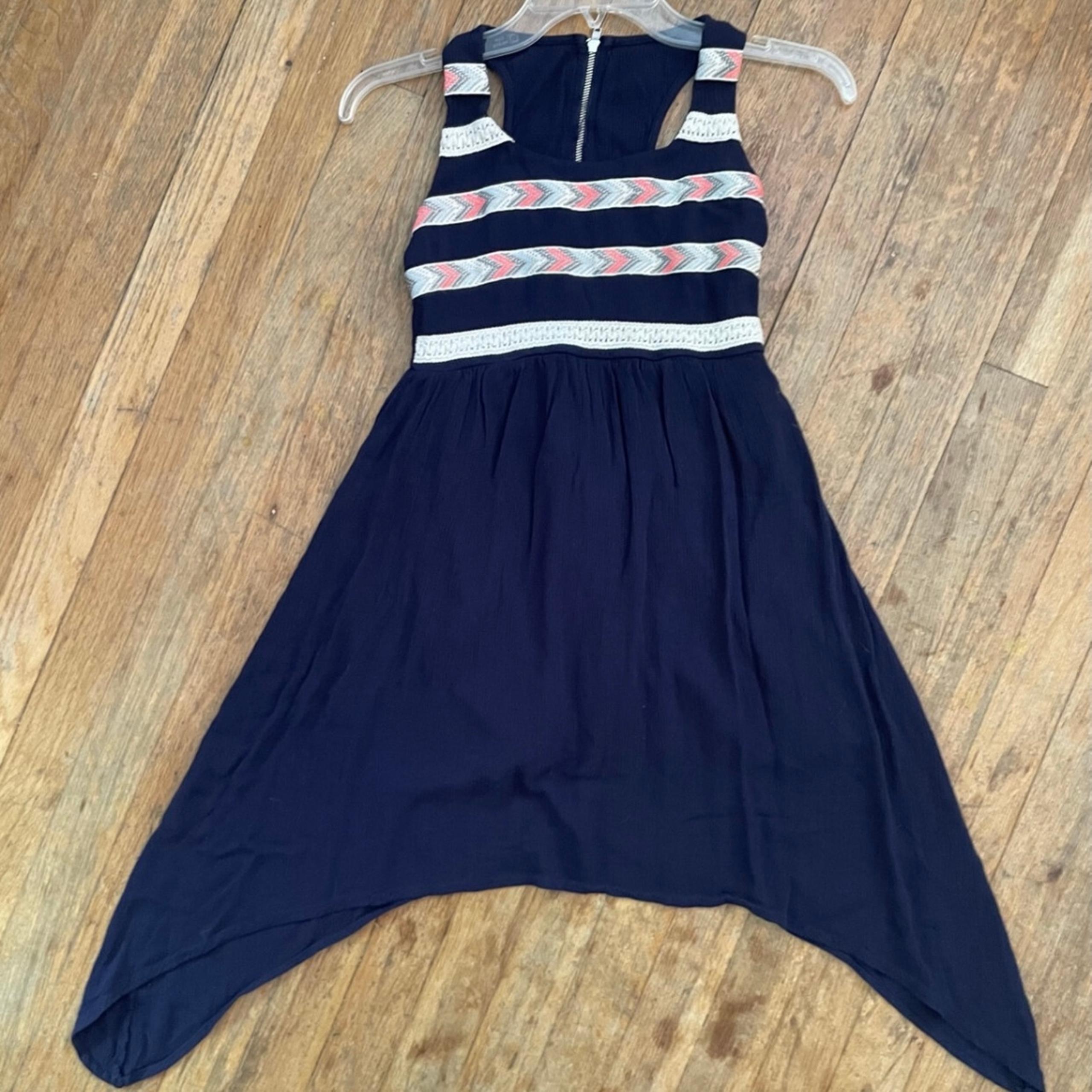Girls dress by Paper Doll blue with pink & white crochet detail