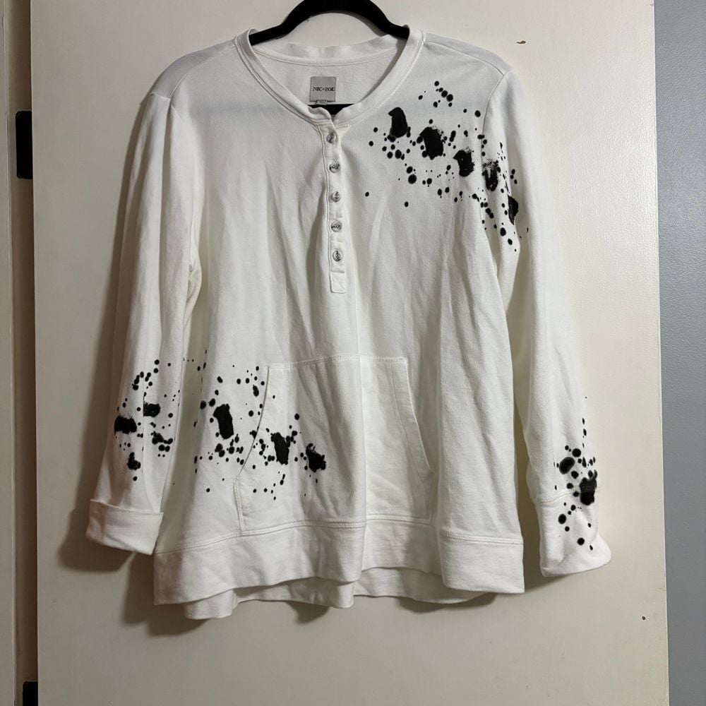 Nic&zoe White Cotton Henley Sweater with Artistic Black Paint Splatter Design