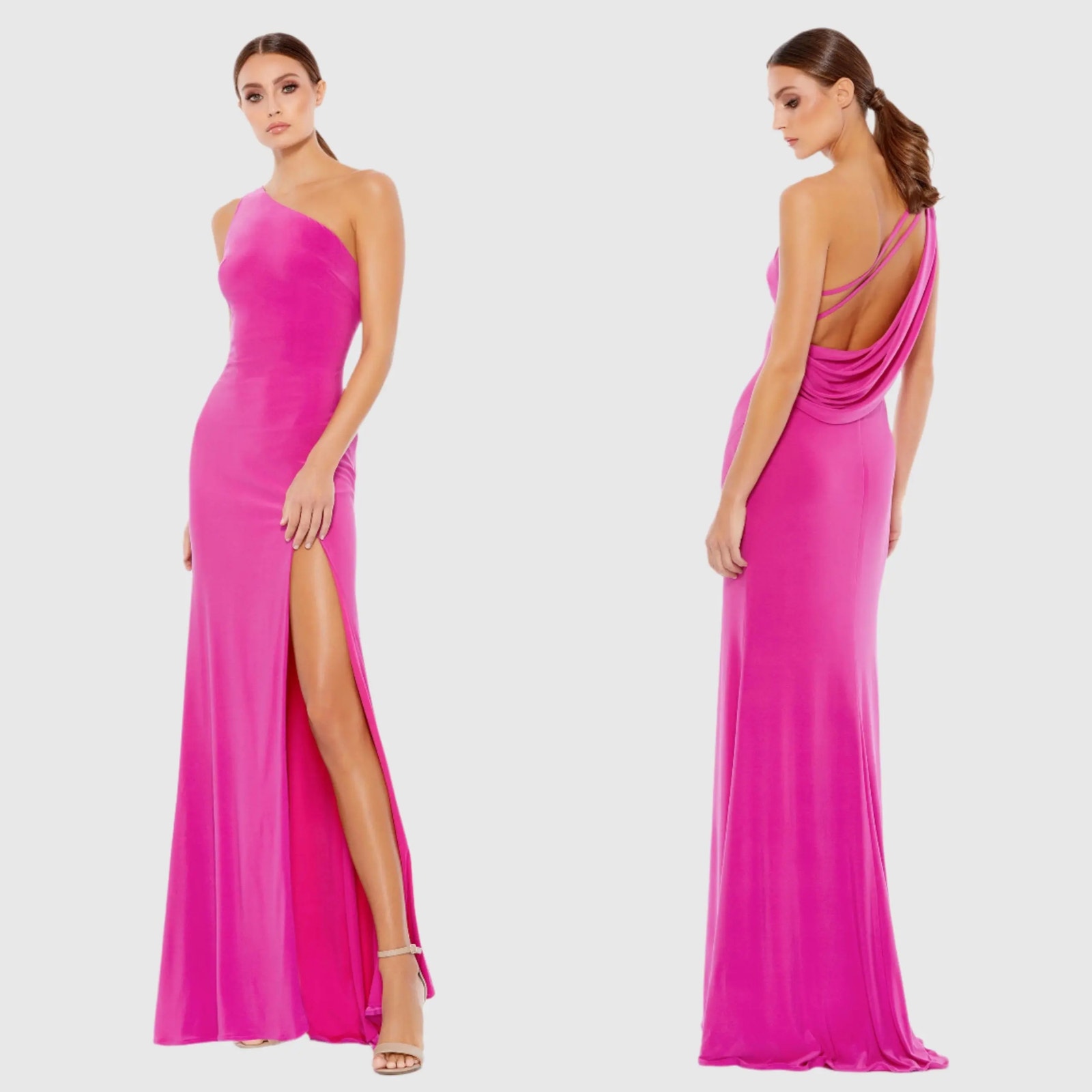 NWT Mac Duggal Sz 4 Candy Pink Jersey One Shoulder Draped Back Gown full length