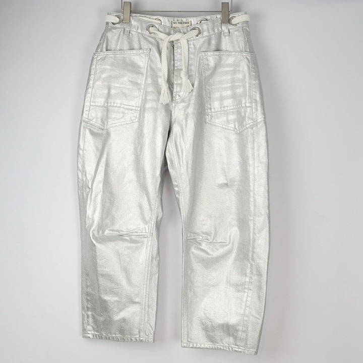 Free People Moxie Metallic Silver Low-Slung Barrel Jeans - Size 29