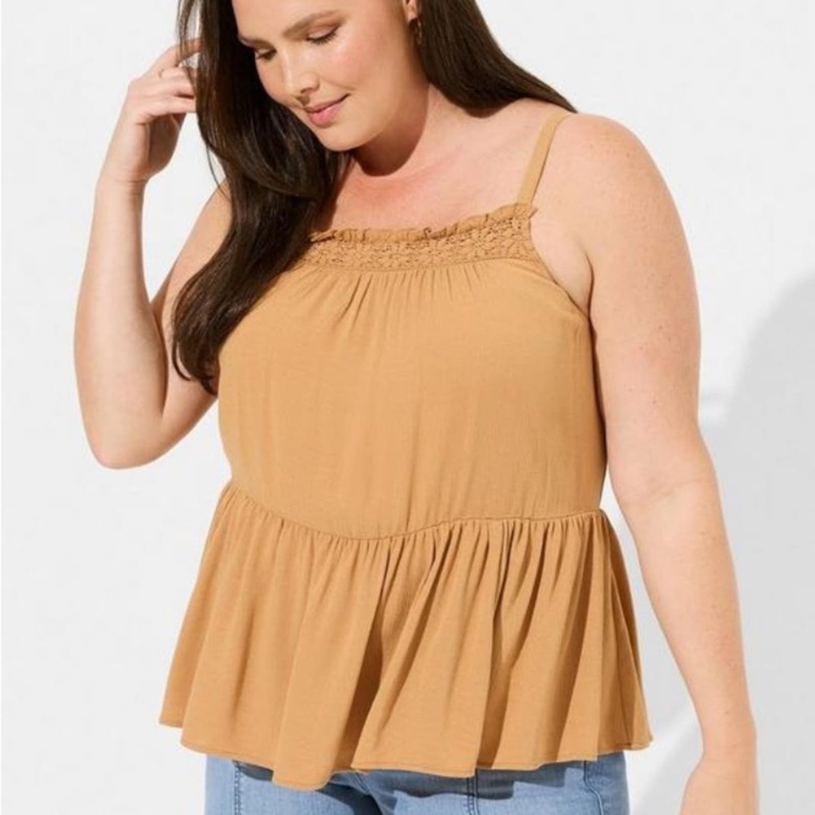 Torrid Biscuit Washable Crinkle Gauze Sleeveless Crochet Tank